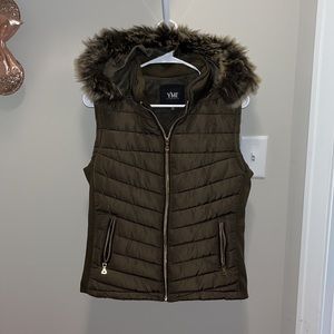 YMI puffer vest with faux fur on hood - olive green color - never worn -